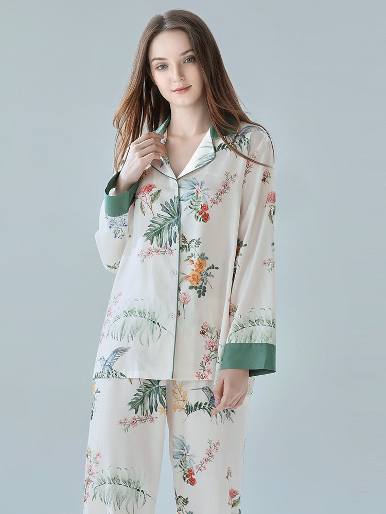 IIZZINI Original Pajamas Women's Spring and Autumn Long-sleeved Ice Silk Chinese Style Yellow Rose Printed Trousers Homewear Set