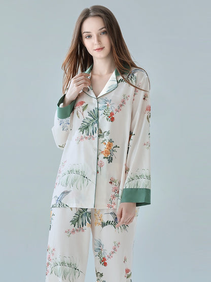 IIZZINI Original Pajamas Women's Spring and Autumn Long-sleeved Ice Silk Chinese Style Yellow Rose Printed Trousers Homewear Set