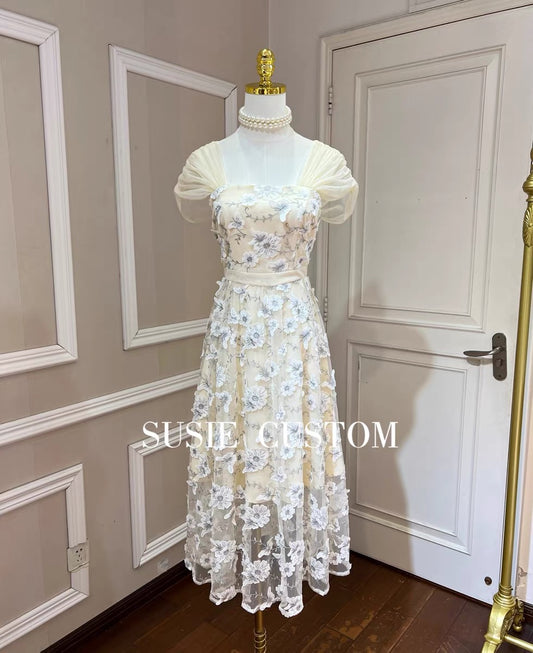 Customized heavy industry three-dimensional embroidery bow flower pleated mesh shoulder strap sleeve waist A-line skirt long skirt