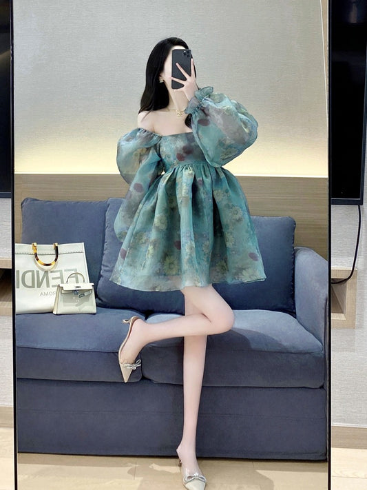 Princess tutu skirt 2023 spring new sweet French square collar organza puff sleeve floral dress female summer