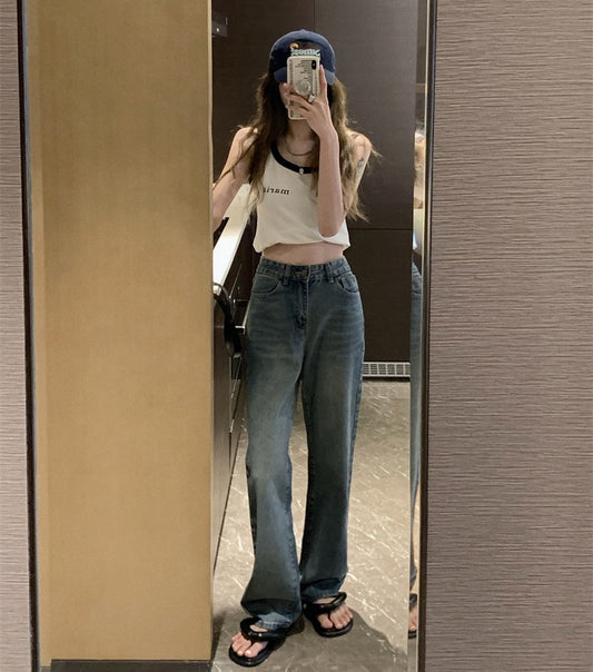 Retro straight jeans women's spring and autumn Hong Kong style all-match high waist slimming loose high mopping wide-leg pants trousers