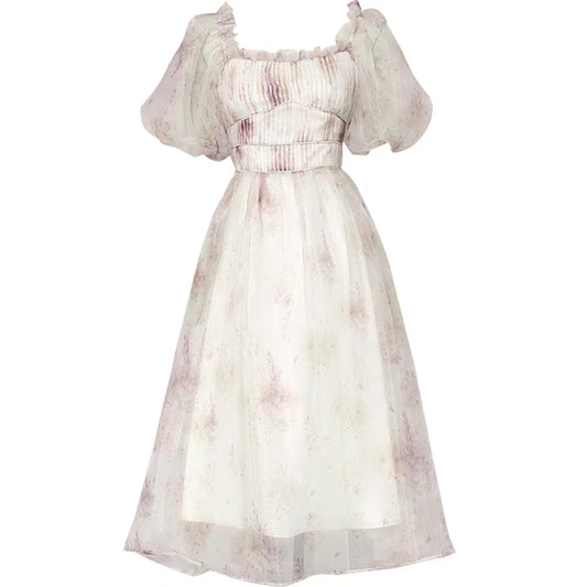 2022 summer new French light luxury high-end square neck lantern sleeve design fairy sweet floral dress