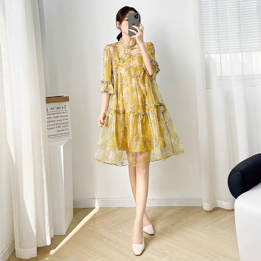 Chinese style 2022 new women's summer loose mid-length dress women's plate button stand collar two-piece chiffon skirt