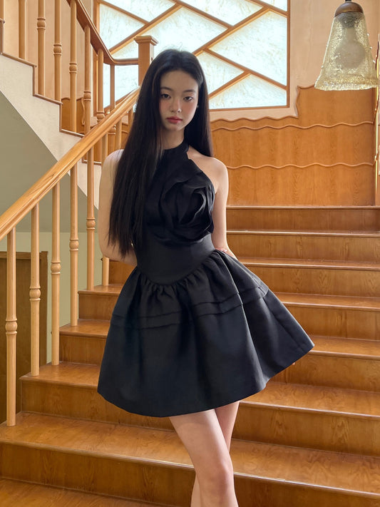 Bubble Rose Advanced Sense Three-dimensional Rose Design Sleeveless Hanging Neck Waist Female Tutu Dress Short Skirt