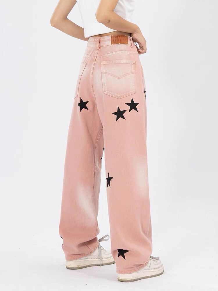 YOUNG K American retro star jeans pink distressed washed street style loose straight casual trousers