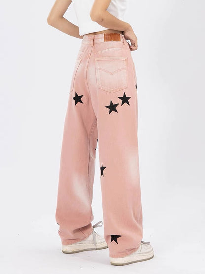 YOUNG K American retro star jeans pink distressed washed street style loose straight casual trousers