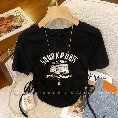 Double drawstring waist slimming foreign style printed short-sleeved T-shirt women's 2023 summer new sweet waistless beautiful top