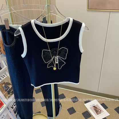 Xiaoxiangfeng Contrasting Color Bow Knot Diamond Flower Round Neck Vest Female 2022 Early Autumn New Black Short Top