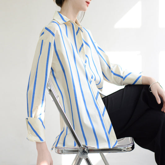 TRR tone neutral cool wind blue vertical stripes loose long-sleeved shirt women's lazy feeling top shirt pure cotton
