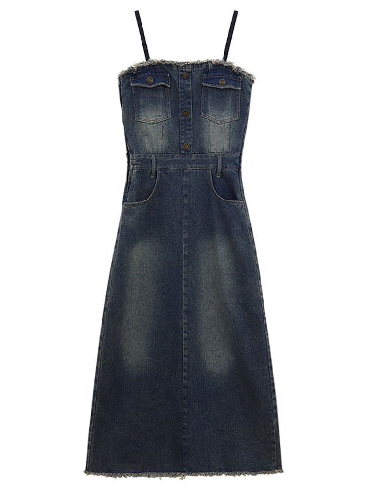 Design sense tube top denim dress female spring 2023 new waist slimming fringed fringed hot girl long skirt