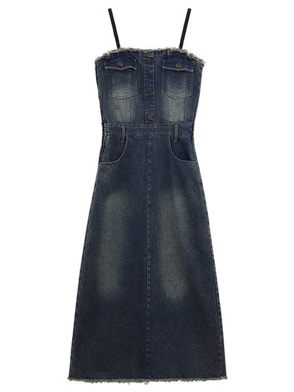 Design sense tube top denim dress female spring 2023 new waist slimming fringed fringed hot girl long skirt