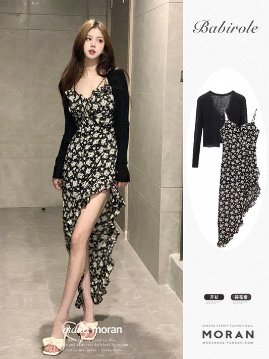French retro floral suspender dress Thai style irregular fishtail mid-length female summer temperament two-piece suit