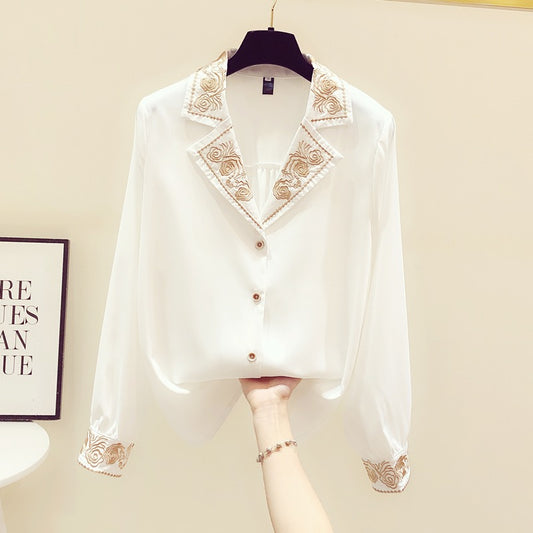 2022 new design sense niche super fairy fashion foreign style embroidery chiffon long-sleeved shirt women's v-neck French top