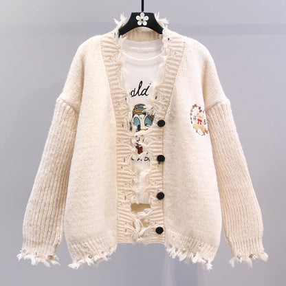 Hole Cartoon Embroidered Sweater Jacket Women Autumn and Winter 2023 New Loose Lazy Style Design Sense Knitted Cardigan