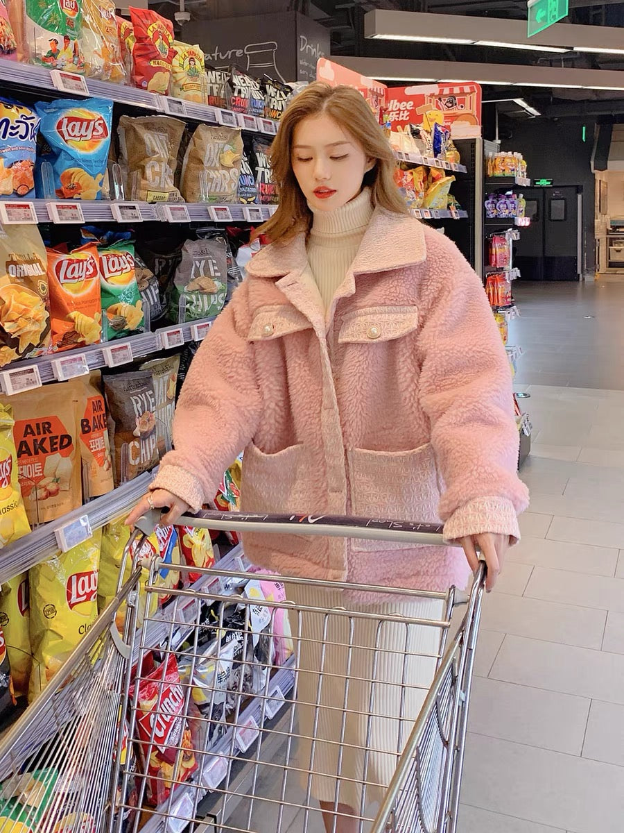 Pink lambswool coat women's autumn and winter short style small man 2022 new thickened Korean version loose fur integrated trend