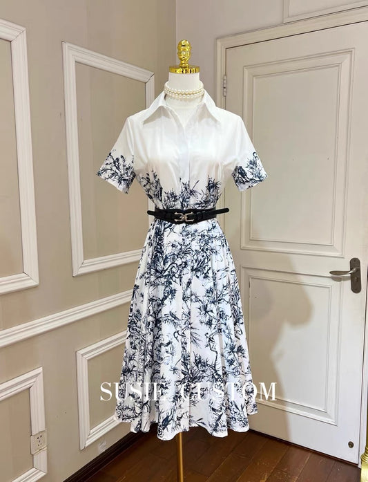 High-definition temperament design print small lapel short-sleeved waist A-line skirt hem shirt dress with belt