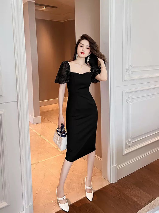 European station square neck puff sleeve light luxury black dress 2022 summer new generous and elegant temperament package hip skirt 1674