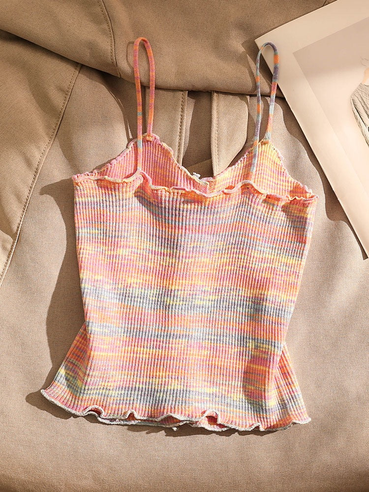Spice Girl Striped Knitted Camisole Women's Inner Wear Outerwear Sexy Slim Wooden Ear Edge Short Bottom Sleeveless Top