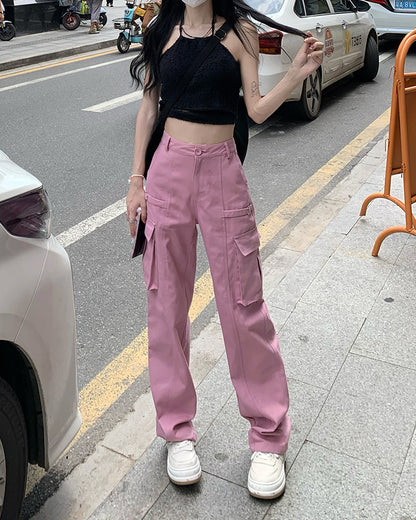 Kumikumi American retro pink overalls women's spring multi-pocket straight casual pants mopping wide-leg pants