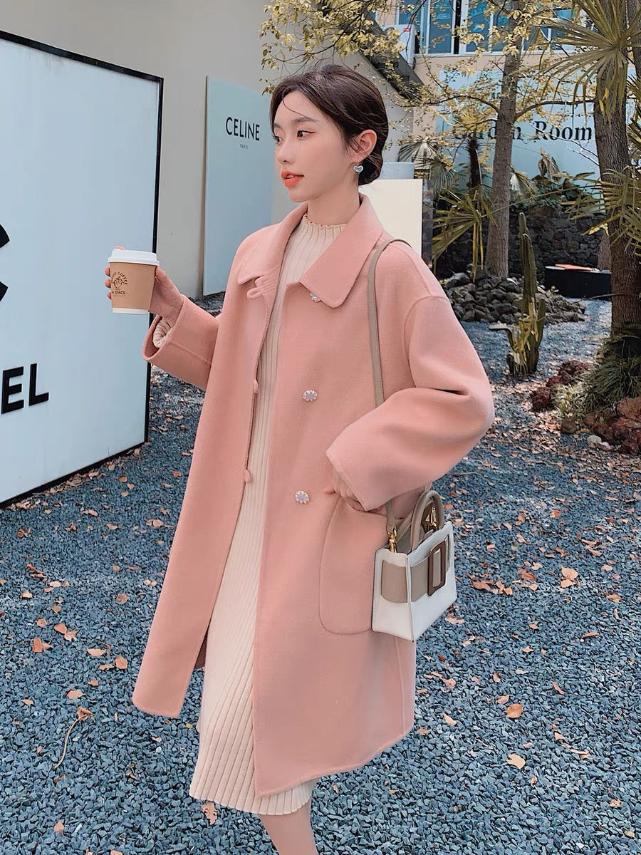 Pink Korean woolen coat women's autumn and winter small man 2022 new thickened high-quality sweet milk fufu coat