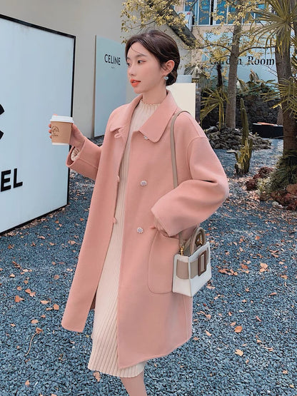 Pink Korean woolen coat women's autumn and winter small man 2022 new thickened high-quality sweet milk fufu coat