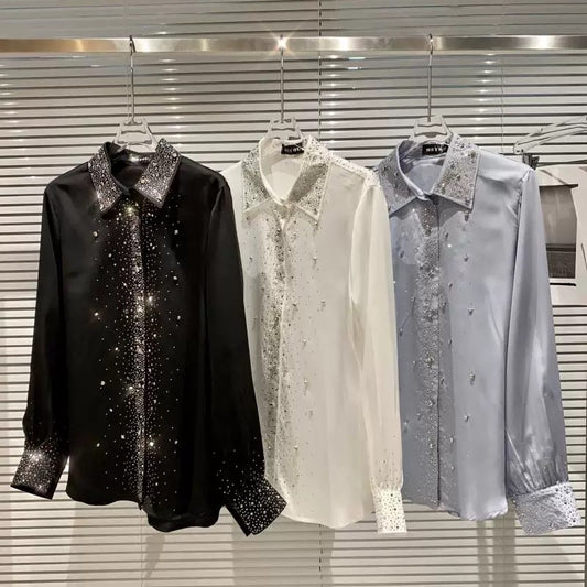 Net red with the same style 2022 autumn new style starry rhinestones hot diamond design dark mercerized cotton shirt shirt women
