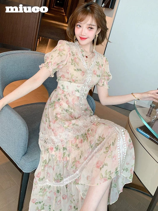 miuco floral dress fairy dress rose print long dress heavy industry beaded chain V-neck high-waisted swing dress