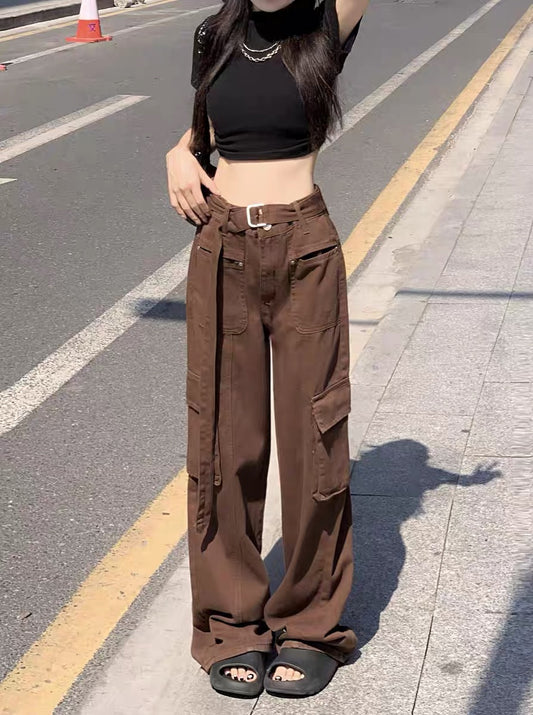 kumikumi retro jeans hot girl fried street overalls women's summer high waist loose wide leg pants mopping pants 8299