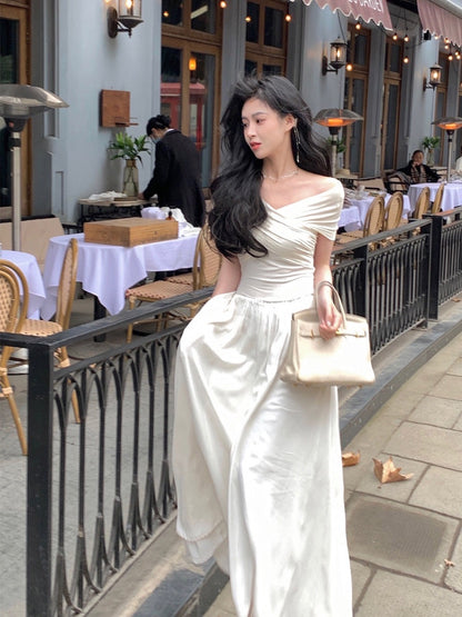 From a copper ammonia silk white one-shoulder dress early spring women's 2023 new high-end temperament skirt