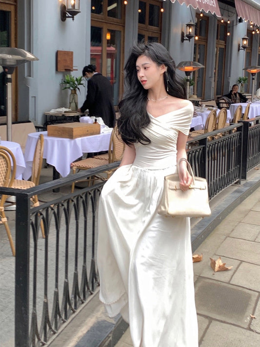 From a copper ammonia silk white one-shoulder dress early spring women's 2023 new high-end temperament skirt