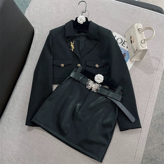 2022 autumn new chic brooch short suit jacket Western style bow tie waist PU leather skirt suit 1604