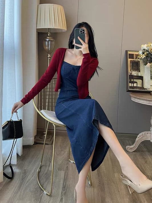 French retro temperament square collar suspender dress waist slim slit denim skirt two-piece suit women autumn and winter