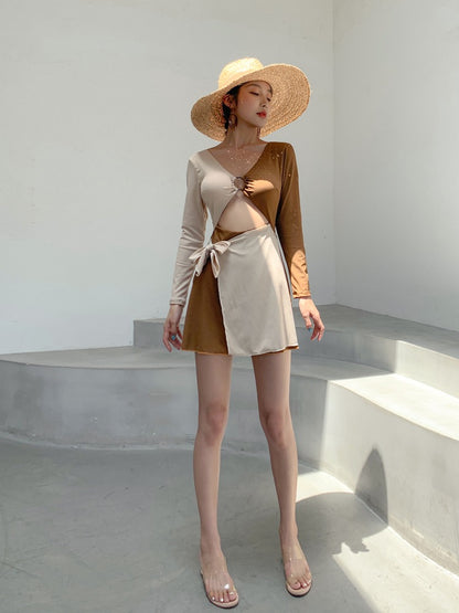 Jinzhu swimsuit women's conjoined 2022 new hot style slimming cover belly small chest conservative long-sleeved hot spring bathing suit