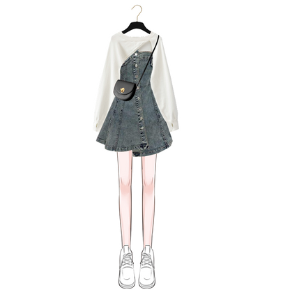Design blouse irregular suspenders denim dress early spring new 2023 light cooked style women's suit skirt two pieces