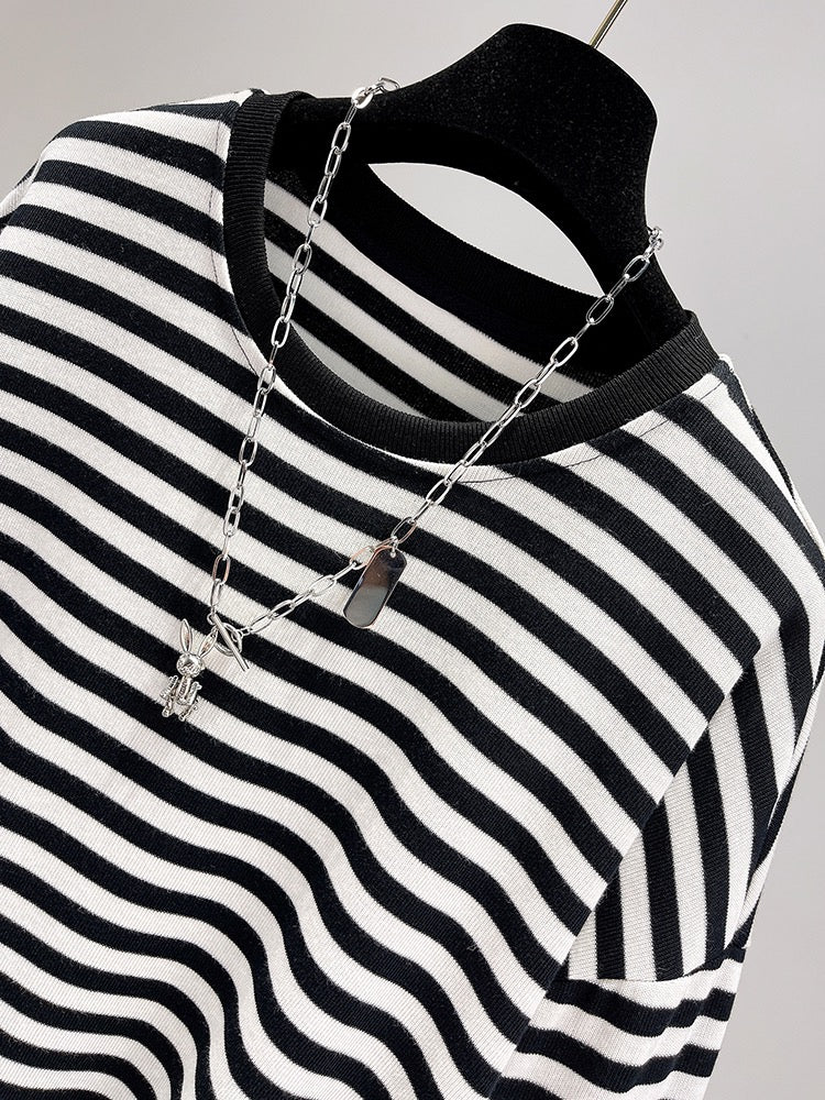 Striped sweater long-sleeved spring 2023 new spring and autumn mid-length loose thin coat ins top women's fashion