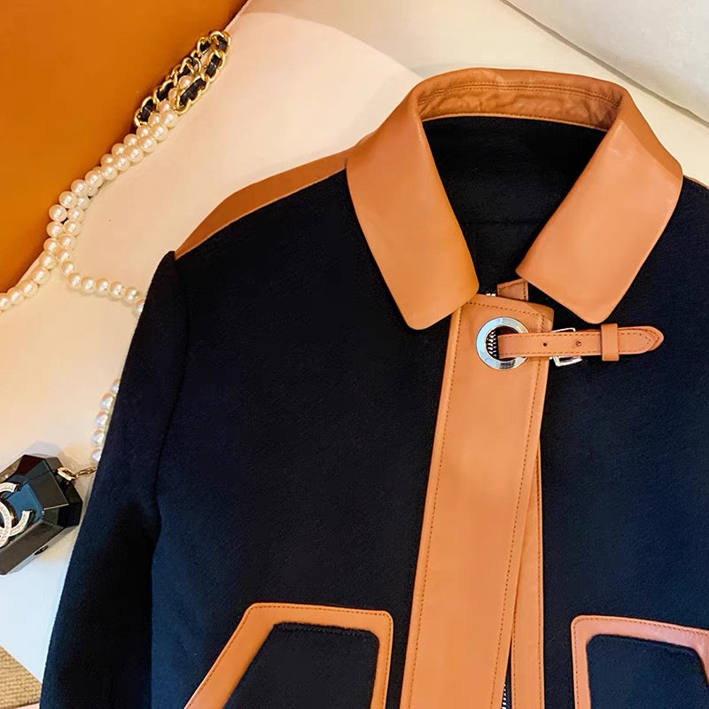 Xiaoxiangfeng contrast color woolen stitching leather jacket women's 2022 autumn and winter new Hong Kong style retro design jacket