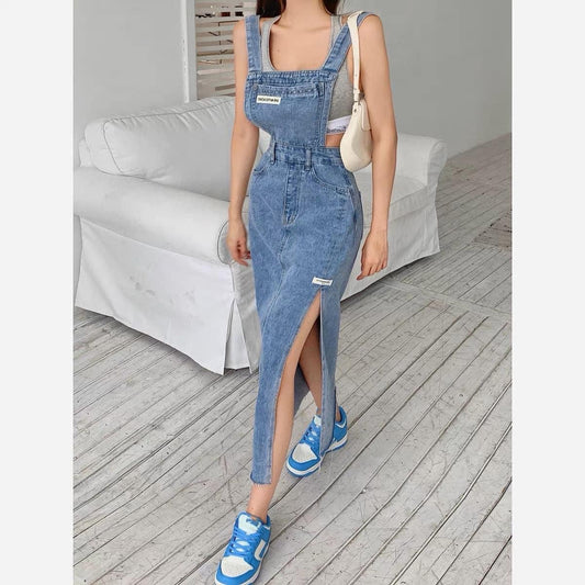 Suspender skirt women's summer Hong Kong style retro waist 2022 new slim denim dress long section slit skirt tide