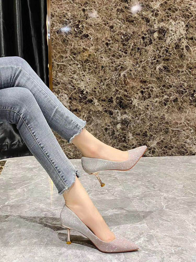 Wedding shoes female bride shoes 2023 new banquet crystal shoes pointed toe fine heel bridesmaid single shoes female eighteen years old high heels