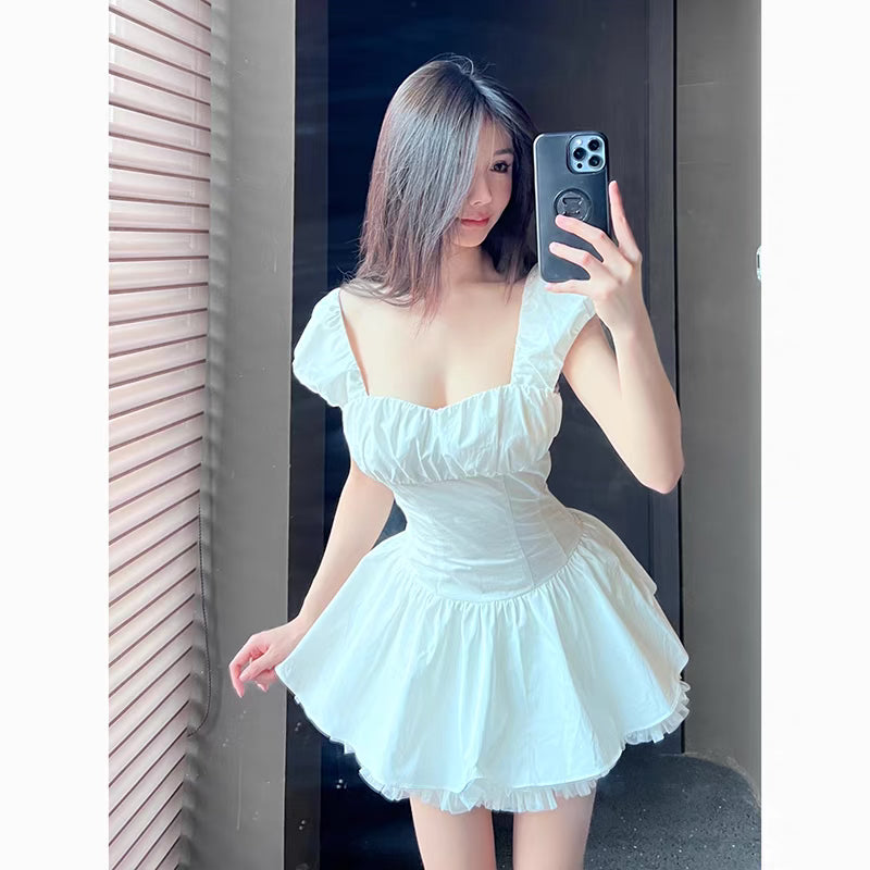 Yuanyuan sauce SAYUKI.Y design sense niche white chic word collar waist slim A-line dress 1157