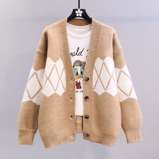 Contrast color rhombus sweater jacket women's autumn and winter 2022 new fashion loose and lazy style design sense knitted cardigan