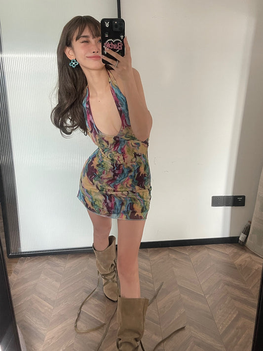 ChiclyNana Millennium Spice Girl Smudged Dress Atmosphere Package Hip Skirt Hollow Miniskirt French Suspender Skirt