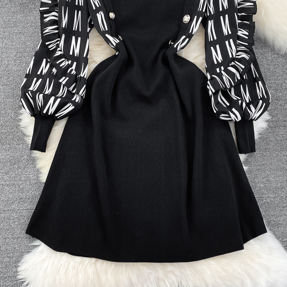 2023 Autumn New Fake Two-piece Contrasting Color Long Sleeve Covering Belly Showing Thin and Age-Reducing Temperament Round Neck A-Line Knitted Dress