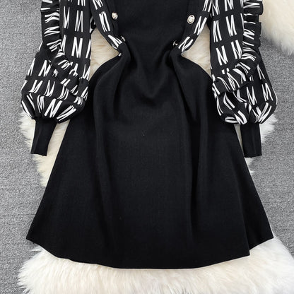 2023 Autumn New Fake Two-piece Contrasting Color Long Sleeve Covering Belly Showing Thin and Age-Reducing Temperament Round Neck A-Line Knitted Dress