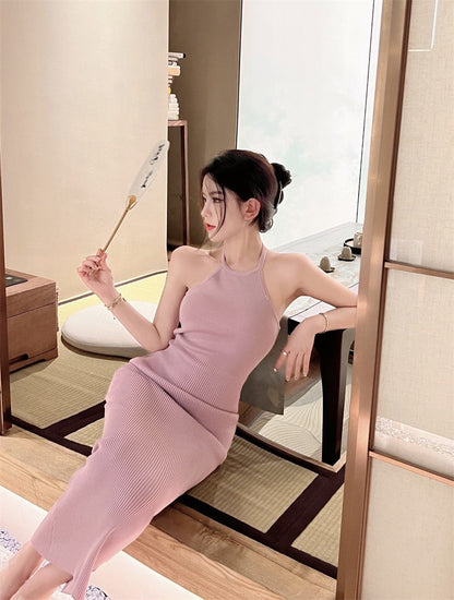 Dress women's Korean version slim and thin sexy halter neck skirt 2023 summer new pure desire knit wrap hip dress