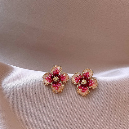 Pink flower earrings female niche design high-end sterling silver needle earrings 2022 new trendy light luxury ear accessories
