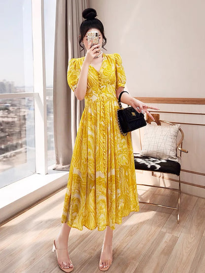 Gentle wind long skirt women's 2022 new summer dress temperament lady wind yellow v-neck floral chiffon dress