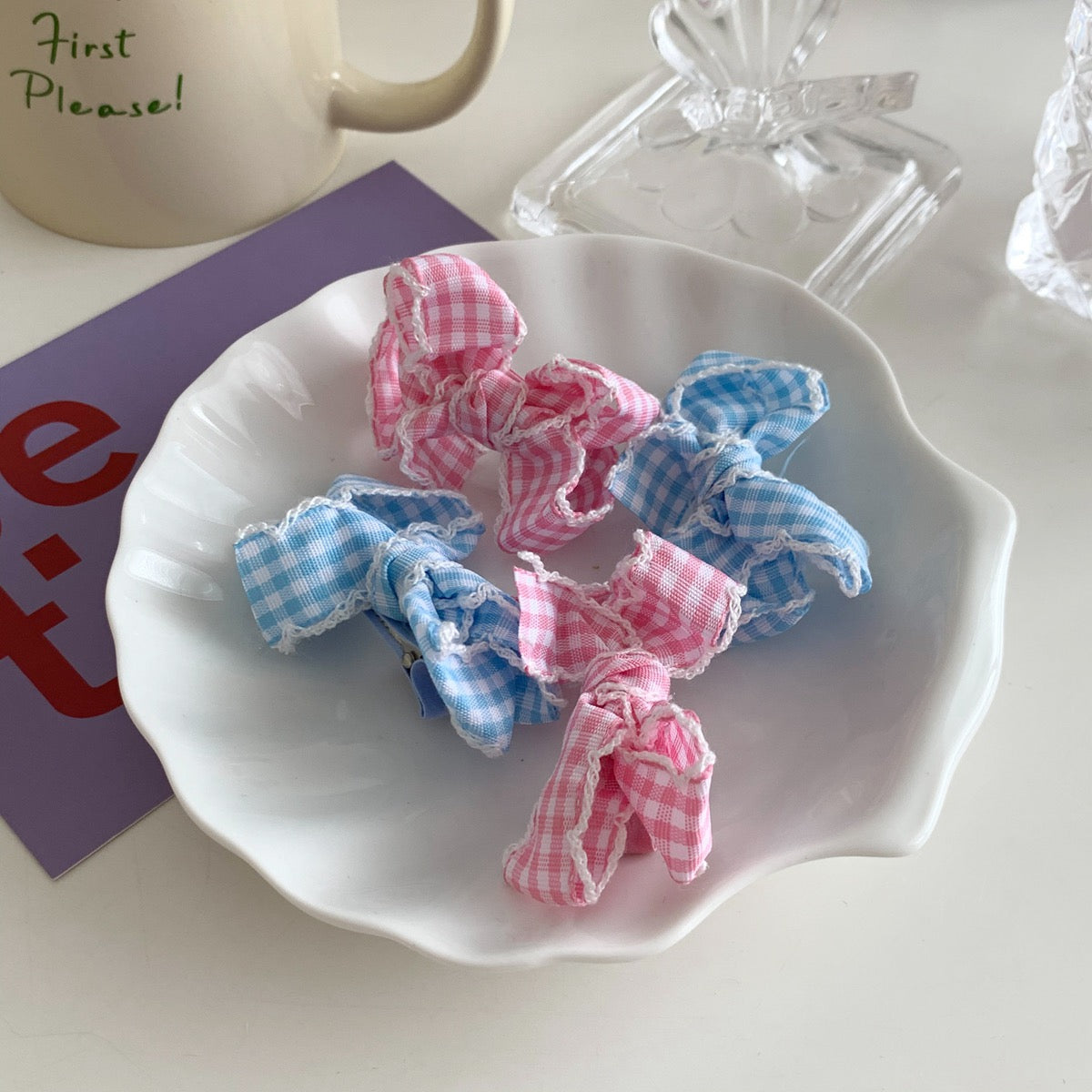 Pink blue wavy plaid bowknot hair clip hair rope sweet soft girl bangs clip pair clip hair clip side clip girls hair accessories
