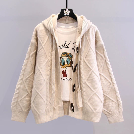 Retro diamond twist hooded sweater jacket women's 2022 autumn and winter new Korean version loose college style knitted cardigan