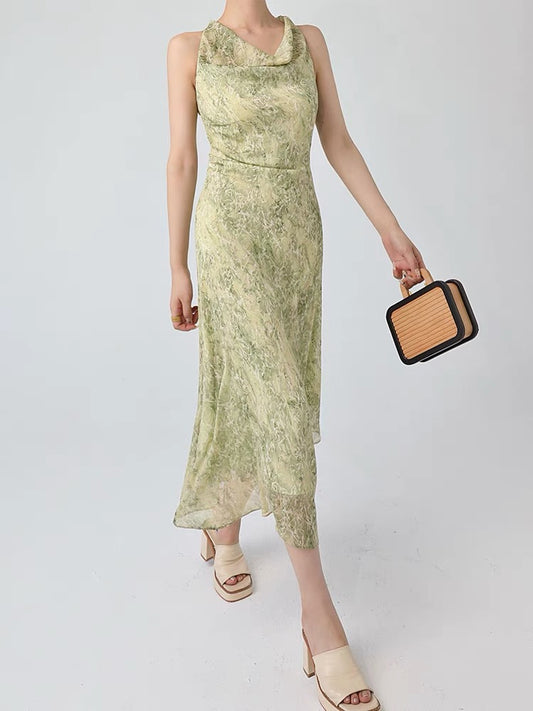 WANGXO French style swing collar floral suspender dress women's summer 2022 new waist and thin mid-length skirt