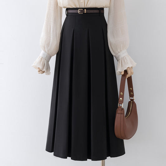 Black woolen skirt women's autumn and winter 2022 new high waist a-line skirt mid-length pleated skirt small man